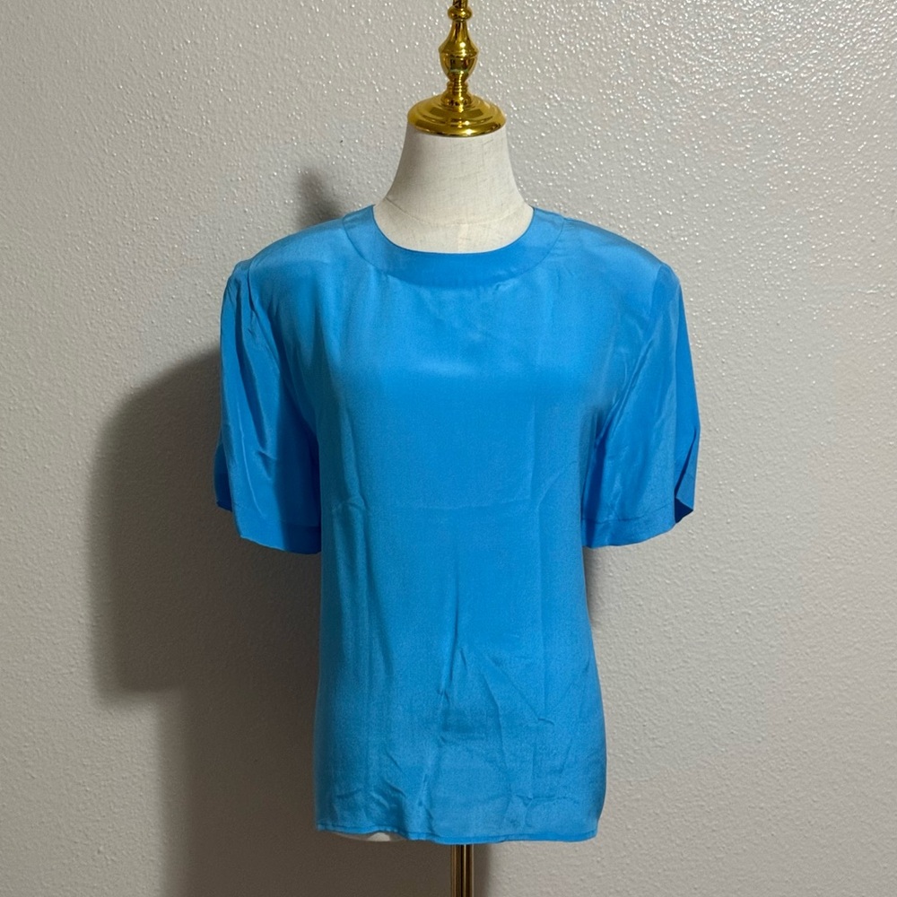 Vintage Anna & Frank Women’s Silk Blouse Size L Blue Short Sleeve Top NWT